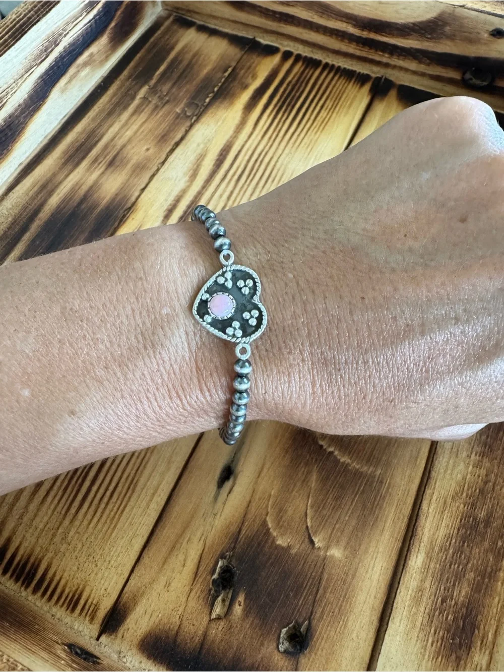 Sterling Silver Heart Bead Bracelet with Pink Conch